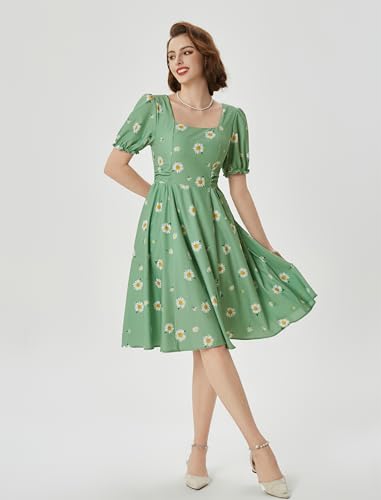 Image of Belle Poque Women's Vintage Midi Cottagecore Cocktail Dresses | Belle Poque Women's Vintage Cottage Core Dress,A-line,Midi,Square Neck,Homecoming Dress,Cocktail Dress,Sun Dress