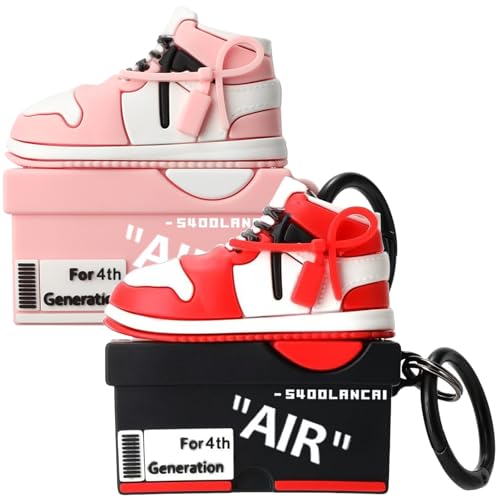 Image of [2Pack] Gedicht for Apple Airpods 4th Generation Case Cover(2024), Cute Cartoon Shoe Box Soft Silicone Protective Cases for Airpods 4th Generation Case with Keychain for Women Men，Red+Pink