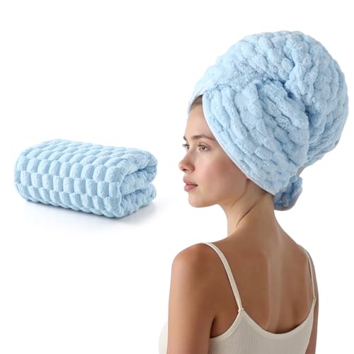 Image of REDKISS Blue Microfiber Hair Towels - Extra Large Hair Towel Wrap for Women, 24x42 inch Hair Towels with Elastic Strap, Super Soft Hair Drying Towels for Long, Thick, Curly Anti Frizz Turbans