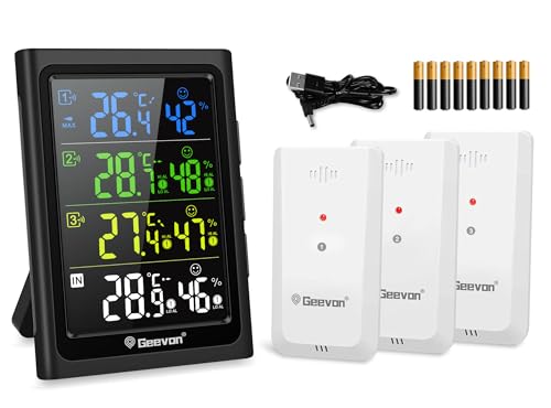 Geevon Indoor Outdoor Thermometer Wireless with 3 Remote Sensors, Digital Hygrometer Indoor Thermometer, Temperature Humidity Monitor Gauge with 200FT/60M Range (281B VA with Batteries)