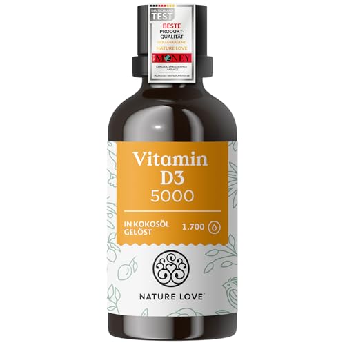 NATURE LOVE® Vitamin D3 5000 (50ml flüssig) - Laborgeprüfte 5000 I.E. pro Tropfen - in MCT-Öl aus Kokos - Vitamin D hochdosiert - hoch bioverfügbar, sehr hohe Stabilität - in Deutschland produziert