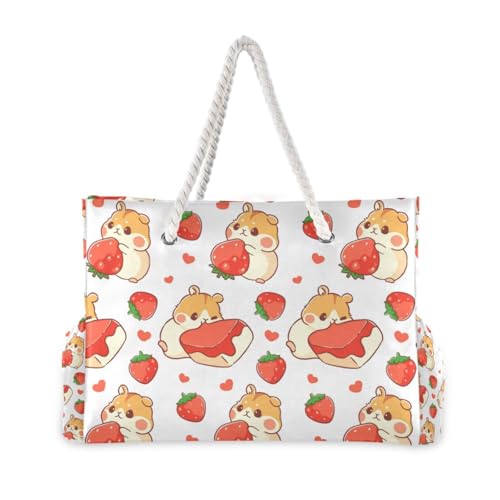 OTVEE Cute Strawberry and Hamster Pattern Beach Bags for Women Ladies Large Canvas Tote Shoulder Bag Waterproof Travel Bags for Gym Swim Pool Camping2