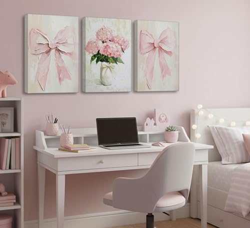 Image of 3Pcs Trendy Pink Bows Canvas Wall Art for College Apartment Bedroom Decor