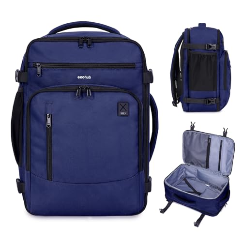 ECOHUB 17' Small Travel Backpack, United Airlines Personal Item Bag 17x10x9 with 16 Pockets, Water Resistant Rucksacks Fit 15.6' Laptop, AirTag Pocket, Lightweight Casual Daypack, 25L, Blue