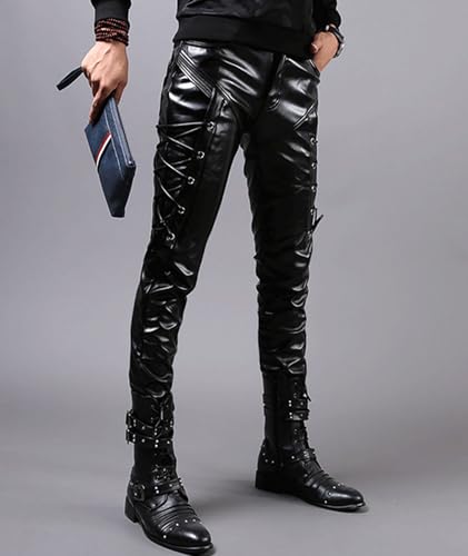 xxxiticat Men's Faux Leather Pants Low Rise Side Bandage Lace Up Rock Steampunk Motorcycle Slim Black PU Leather Trousers4