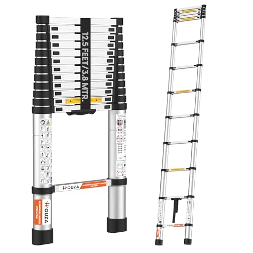 Image of HOUZA Aluminum Telescoping Ladder for Home, 12.5 Ft (3.8m) Foldable Soft-Close Telescopic 13-Step Multi-Purpose Portable Compact Ladder for daily home tasks use safely secure, Industrial & Outdoor Use