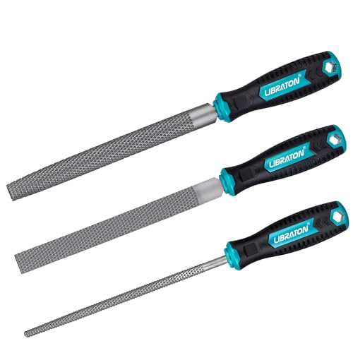 LIBRATON Holzraspel, 3-tlg Holzfeile Feilenset, 200 mm Holzfeilen Set (Flachfeilen, Rundfeilen, Halbrundfeilen) aus Hochkohlenstoffstahl, mit Komfortgriff, Geeignet für die Holzbearbeitung