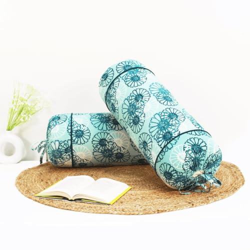 Image of AURAVE Cotton 144 TC Printed Bolster Cover with Drawstring Closure, Set of 2, Soft Breathable Durable Machine Washable for Sofa Bed & Home Decor, 15 inchx30 inch, Dark Blue | Cover Only