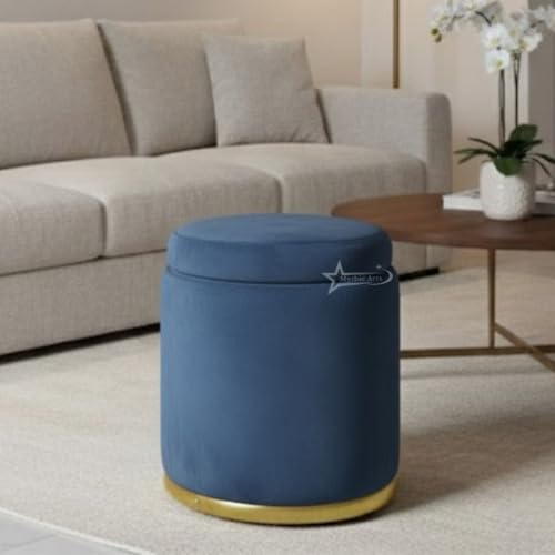Image of Velvet Round Single Strip Ottoman Office Stool Foot Rest Stool Velvet Fabric Padded Seat Pouf Ottoman 16 X 16X 19 inch, in Round Shape for Living Room Blue