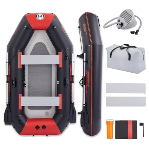 PROMARINE 7.5 ft Inflatable Boat Set for Kids and Adults with Aluminum Oars, Fishing Rod Holders, Grab Rope, Air Pump, Motor Bracket Cover