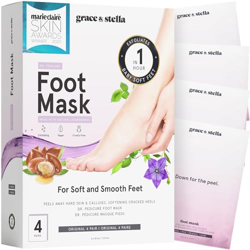 grace & stella Award-Winning Foot Peeling Mask – Foot Peel Masks (4 Pairs, Unscented) – Moisturizing Foot Masks That Remove Dead Skin, Exfoliating Foot Mask for Dry Cracked Feet, Feet Peeling Mask