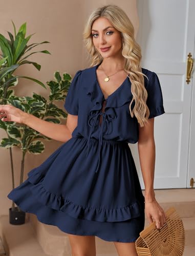 Image of Angashion Womens Tie Front Mini Dress V-Neck Ruffle Hem Summer Pockets