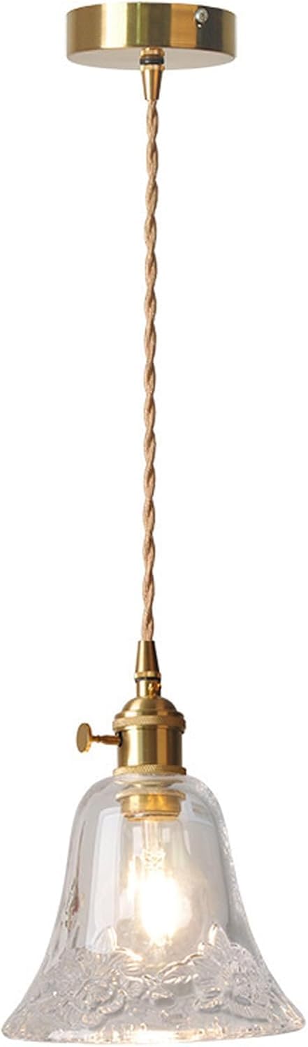 KXEcoLife Artificially Blowing Glass Lampshade Pendant Light Fixtures, Simple Retro Copper Head Hanging Lights, Home Living Room Restaurant Bar Study Studio Lighting Chandelier