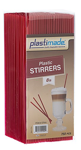 [750 Count] Plastimade Red Colored 8 inch Plastic Disposable Drink Stirrers For Home, Office, Wedding, Events, Parties, Take Out, Cocktails, Coffee, Tea, Cafes. (1 Pack)