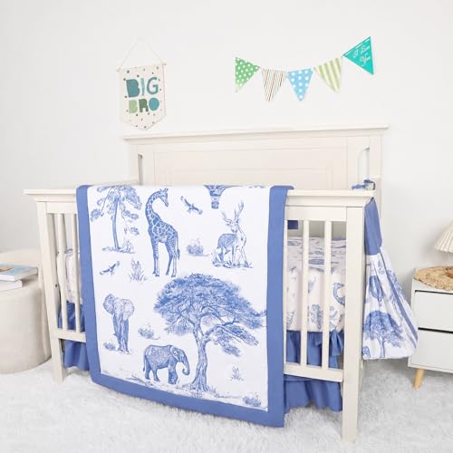 Image of TANOFAR 4-Piece Crib Bedding Set for Baby Boys, Blue Elephant Nursery Bedding Set Includes Comforter, Fitted Crib Sheet, Crib Skirt, and Diaper Stacker, Blue Elephant