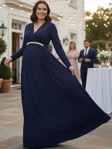 Image of KOH KOH Womens Maternity Long Sleeve V-Neck Flowy Winter Maxi Dress Gown
