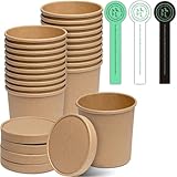 [25 Sets – 16 oz] Suppenbehälter aus Kraftpapier mit belüfteten Deckeln, mikrowellengeeignete Suppenschüsseln zum Mitnehmen, ideal für Restaurants – zusätzlich 30 handgemachte selbstklebende Etiketten