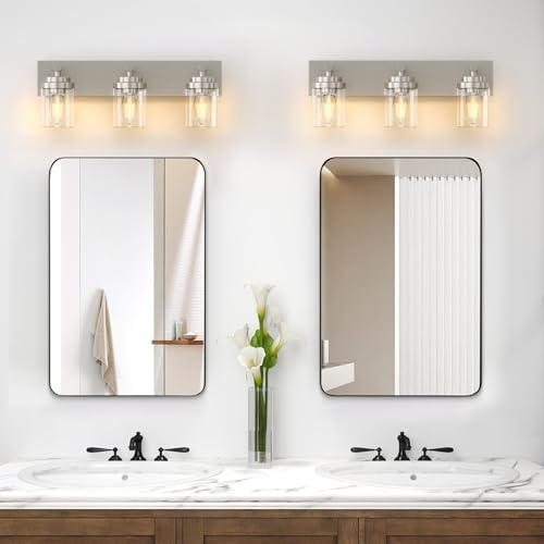 Image of IZORRO Bathroom Vanity Light Fixture, 3-Light 22 Inch Brushed Nickel Bathroom Light Fixtures Over Mirror, with Clear Glass Shade, Modern Farmhouse Vanity Lights, Rustic Restroom Lighting Fixtures