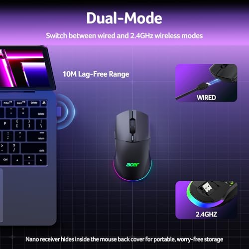 Image of Acer Wireless Gaming Mouse for Laptop, 24,000 DPI Wired Computer Mouse with 8 Programmable Buttons, Left & Right Hand, Rechargable Gaming Mice, Long Battery Life, RGB Lighting Gamer for PC, Desktop