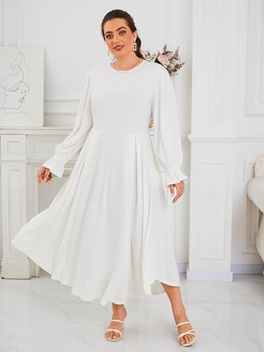 Image of Baczoe Plus Size Long Sleeve Church Dress for Curvy Women | Maxi Length, Elegant Formal Style, Flowy A-Line Shape, Two Side Pockets