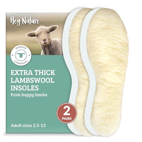 Hey Nature 2 Pairs Warm Lambswool Insoles for Men & Women - Natural Foot Warmers Thermal Boot Liners for Wellies - Not Sheepskin Heated Wool Insoles
