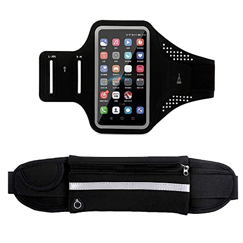 Cell Phone Armband Case and Running Waist Set, Waterproof and Reflective, Adjustable Band for All Phone Models and Fit All Waist Sizes, Running, Walking, Hiking (Black)