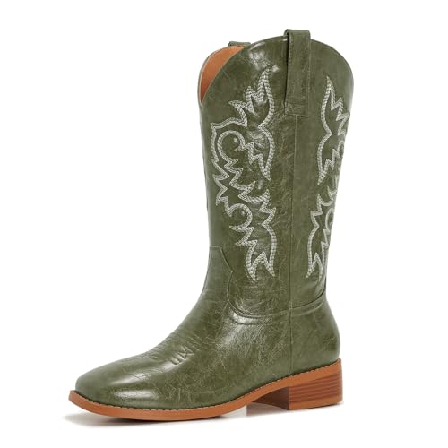 Image of Cowgirl Boots Square Toe Cowboy Boots For Women Ladies Mid Calf Low Heel Flat
