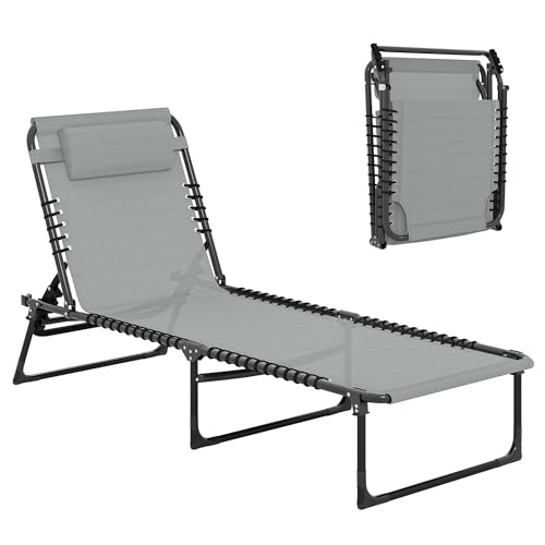 Outsunny Bain de Soleil transat Pliable Dossier inclinable Multi-Positions Acier thermoplastique Lacets élastiques Noir textilène Gris