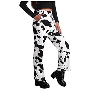 Gefomuofe Baggy Jeans Damen Jeans Y2k Denim Kuhmuster, hohe Taille, gerades Bein, Jeans, Farbblock, Baggy-Hose mit Tasche Freizeithose Denim Hose Weiße Kuh High-Waist Kuh Muster Jeans