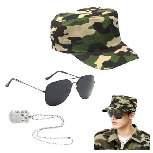 AYZDJ 3 Pièces De Tenue De Militaire Adulte, Déguisement De Soldat Militaire Avec Chapeau Camouflage, Lunettes De Soleil Aviateur Et Collier Avec Médaille D'identification