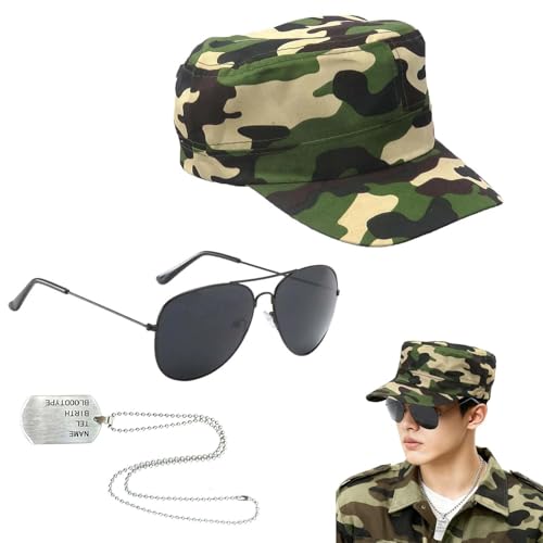 AYZDJ 3 Pièces De Tenue De Militaire Adulte, Déguisement De Soldat Militaire Avec Chapeau Camouflage, Lunettes De Soleil Aviateur Et Collier Avec Médaille...