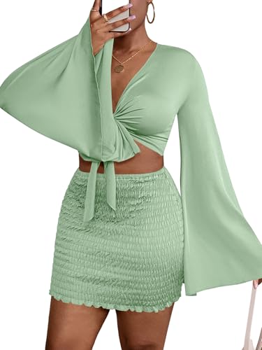 Image of LYANER Women 2 Piece Vacation Outfits Tie Knot Front Bell Long Sleeve Crop Top and Mini Skirt Summer Set