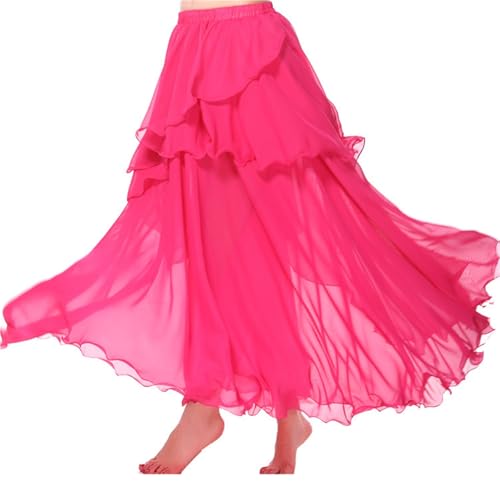 FJIXUO Magdans övningskjol magdans prestanda chiffong lång kjol fyra lager kjol prestanda kjol träning (rosenröd, L)