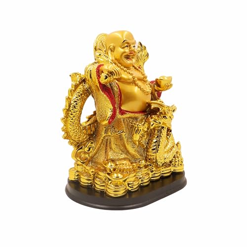 Image of Spillbox Resin Golden Happy man Statue|Laughing Buddha|Feng Shui|Show Piece|Gift Item |Vastu|Decorative Showpiece for Home Decor|Office Desk Table (Happy Man with Dragon)