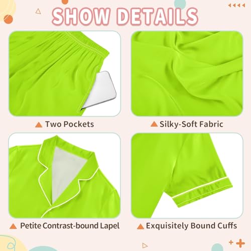 ODAWA Lemon Green 2 Piece Loungewear Set, Short Sleeve Satin Pajama Set 5-6Y 5