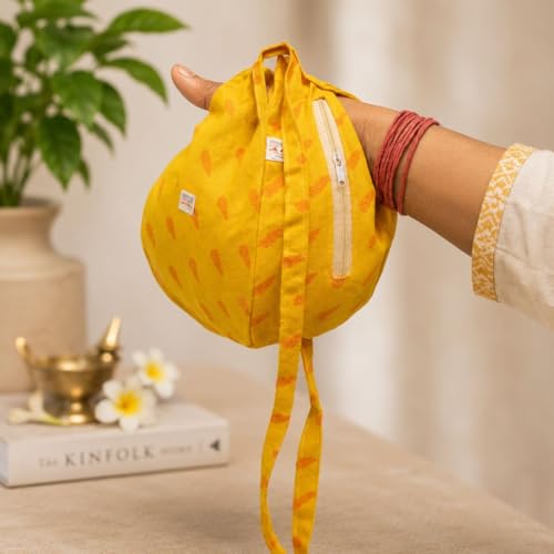 Image of Original Pure Cotton Gomukhi Japa Mala Bag /Chanting Bag or Beads Bag /Jholi /Thole with Zip Pocket and Sakshi Mala Counter (Golden Yellow)