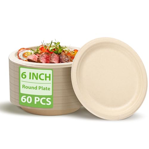 Lot de 60 assiettes jetables en fibre de bambou et pulpe de canne à sucre, 15 cm, vaisselle robuste, 100 % biodégradable, assiettes rondes compostables pour...