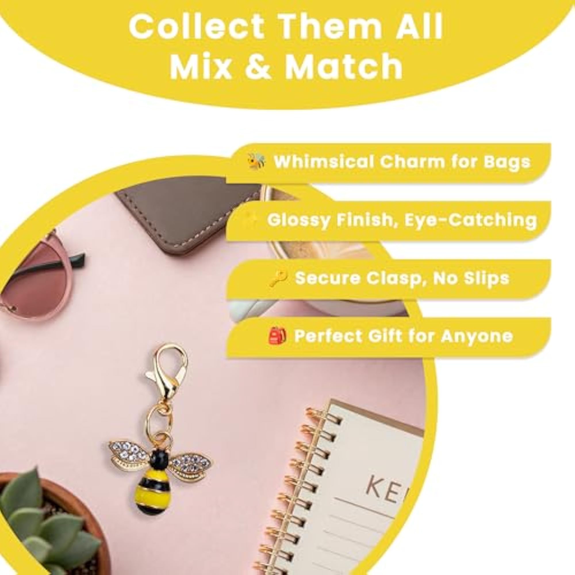 3pcs Bee Bag Charms with Lobster Clasp, Keyring Pendant