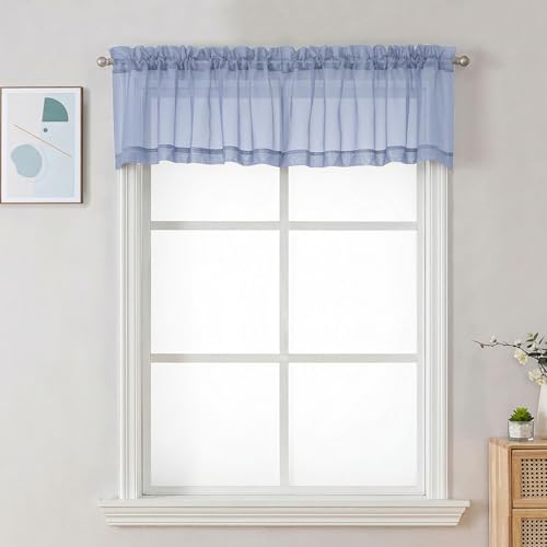Image of Chyhomenyc Sheer Valances for Windows - Light Filtering Small Window Curtains for Living Room Bathroom Cafe Laundry Basement, Modern Dual Rod Pocket Voile Curtain, 42Wx14L inches, Denim Blue, 2 PCS
