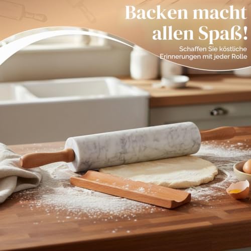 Flexzion Teigroller aus weißem Marmor, 25,4 cm, mit Holzgriff und Halter-Basisständer, Marmor-Nudelholz zum Backen von Gebäck, Pizzateig… – Ansicht 5