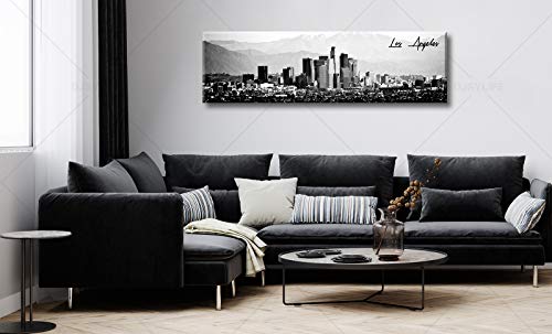 Image of DJSYLIFE Los Angeles Skyline Wall Art Black and White USA Panoramic Cityscape Picture Canvas Prints Artwork for Bedroom Men Room Office Decoration Painting Ready to Hang 13.8 inchx47.3 inch