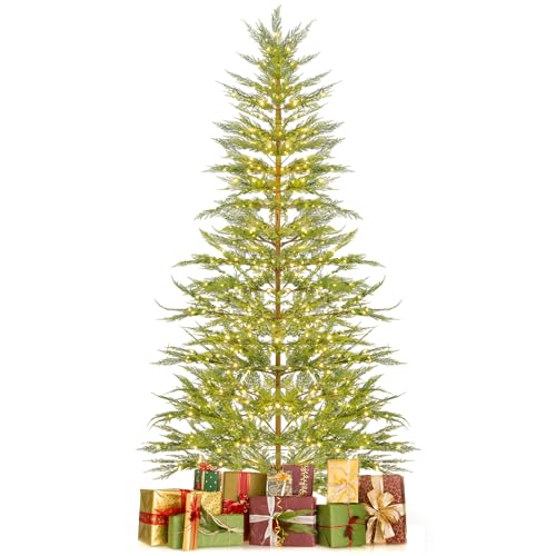 GOFLAME 7.5FT Pre-Lit Christmas Tree with Faux Cypress Leaves, Hinged Artificial Xmas Tree with...