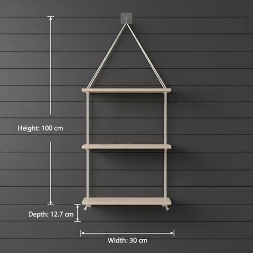 Image of 3 Tier Hanging Shelf | Wall Decor with Adhesive Wall Hooks | Rustic Wood Floating Shelves for Bedroom, Living Room, Kitchen - Boho Swing Plant Holder