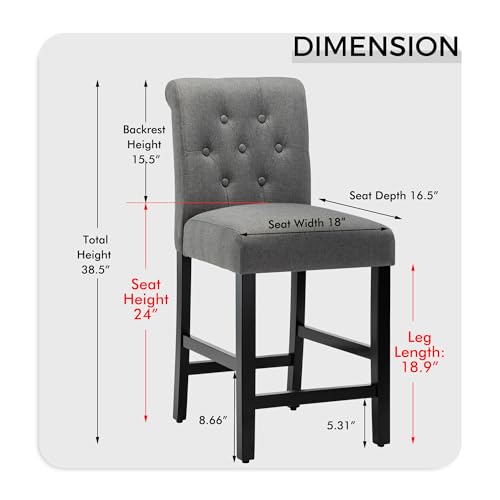 GOTMINSI 24inch Counter Height Bar Stool, Set of 4 Counter Height Chairs for Kitchen Island Upholstered Back Bar Chairs Fabric Barstool with Button Tufted Decoration Leisure Style (Grey)