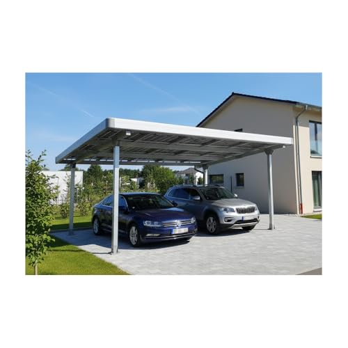 Doppelcarport Carport für 2 Autos inkl. 15 Solarmodule mit Dachverkleidung & Regenrinne, Silber