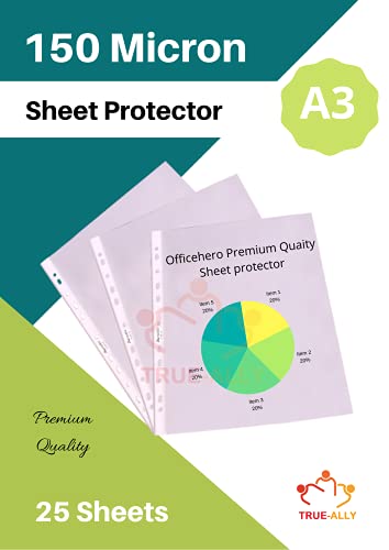 Image of True-Ally Heavy Duty 25 Pcs 150 Micron Transparent Document Sleeves, Leaf Sheet Clear Certificates /Waterproof Sheet Protectors 11 Holes Punched Ring Files Folder (A3 Size) (25 Sheets - 150 Micron)