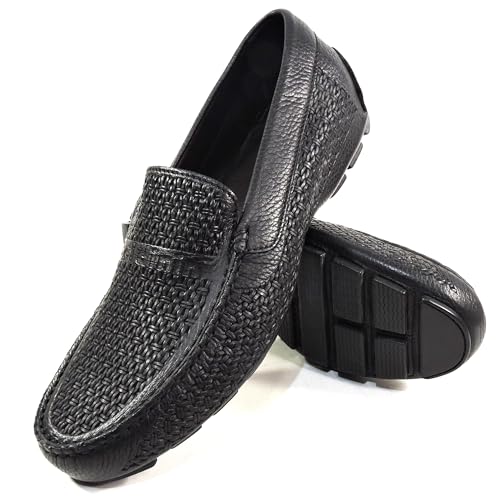 Baldinini Men's Black Woven Leather Loafers, Comfort Driving Moccasins, Slip-On Summer Shoes