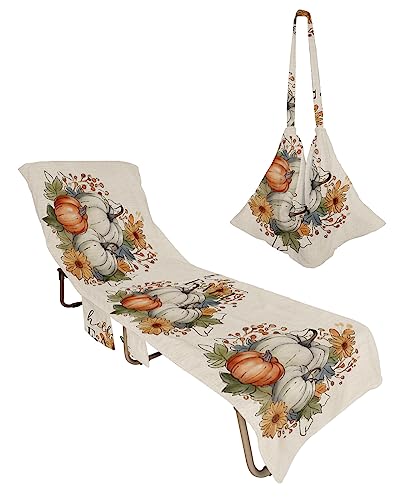 Orange White Pumpkin Beach Chair Towel Covers for Chaise Lounge with Side Pocket, Soft Plush Pool Towels Cover for Patio Sunbathing Outdoor 29''x85'' Thanksgiving Farmhouse Sunflower