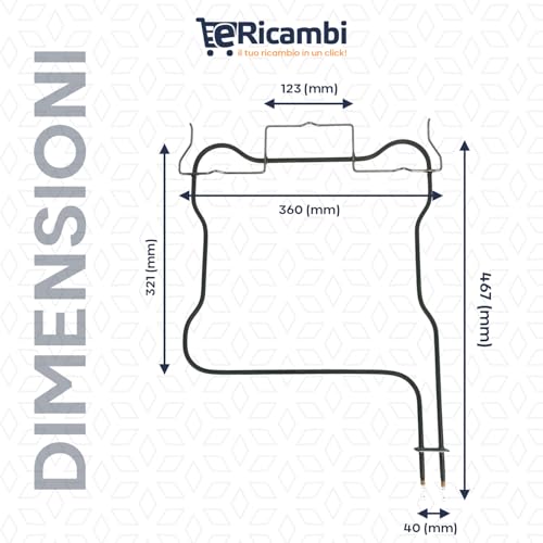 eRicambi® Résistance électrique inférieure au four – Puissance 1150 W – Tension 230 V compatible avec Whirlpool Indesit Hotpoint – Dimensions : 467 x 360 (mm) – Longueur de la bride 40 (mm) – Largeur – vue 5