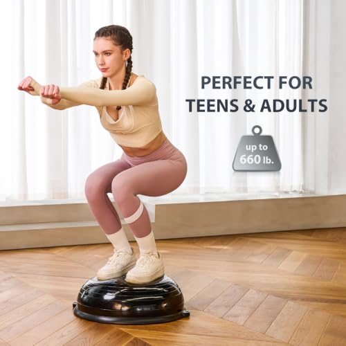 Image of ZELUS Balance Ball Trainer with Resistance Bands & Foot Pump, Inflatable Yoga Ball for Home Gym Workouts, 23 Inch Exercise Half Ball for Balance Training Core Strength Fitness, 330lb Cap (Black)